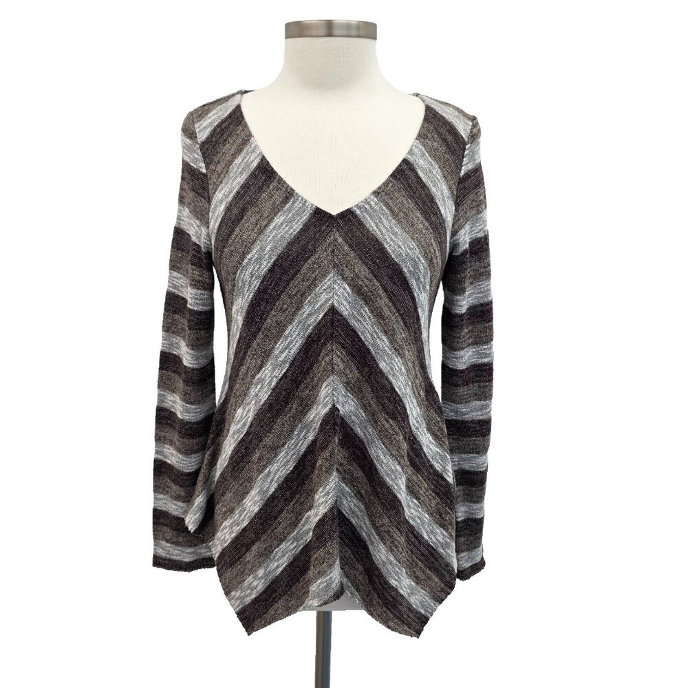 Knox Rose Sweater Womens Size M Brown Gray Stripe Asymmetric Hem Long Sleeve Top